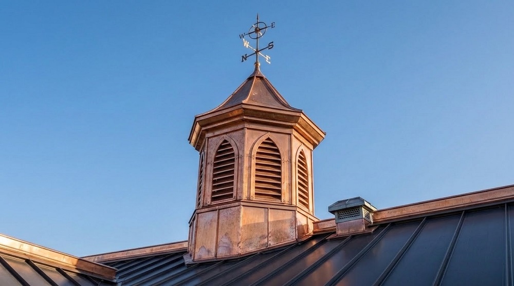A close-up of a custom copper cupola with an ornate weathervane on a dark metal roof